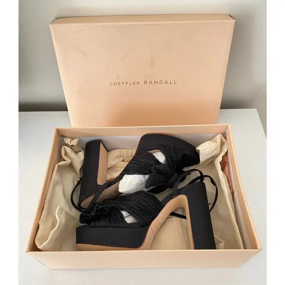 Loeffler Randall Natalia Black Silk Bow Pleated Platform Heel Sandals 6 NWT